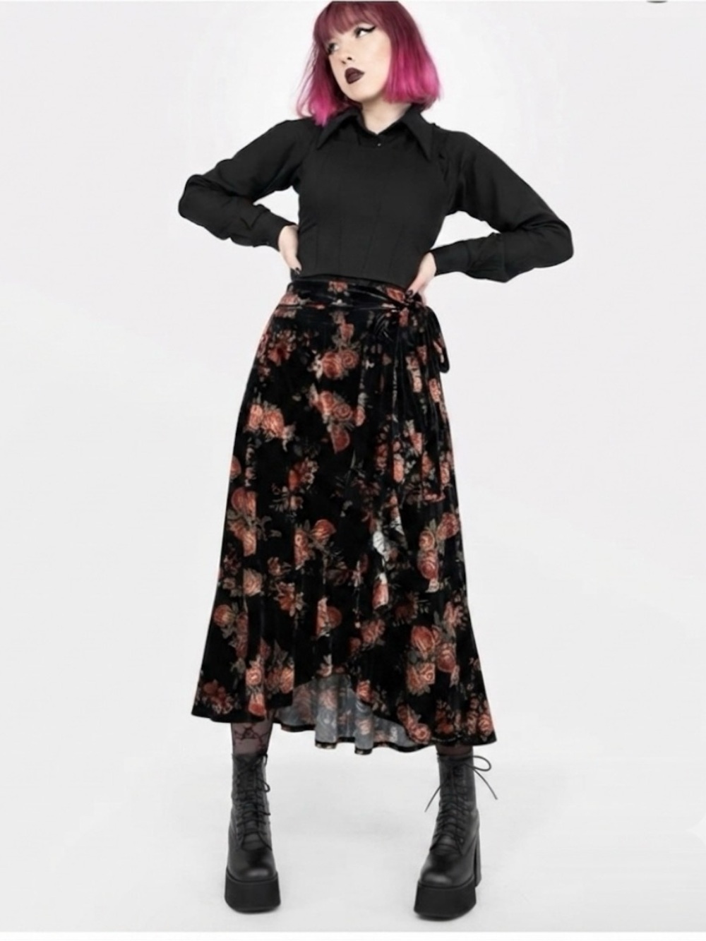 Tiered Crushed Velvet Maxi Midi Skirt XL Dark Floral Whimsigoth